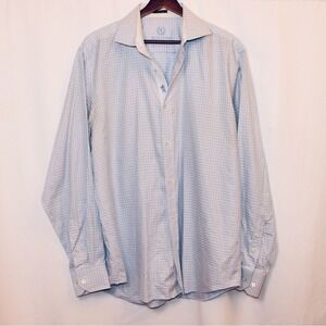 Bugatchi Blue Check Shirt Men's Large Classic Fit 100% Cotton